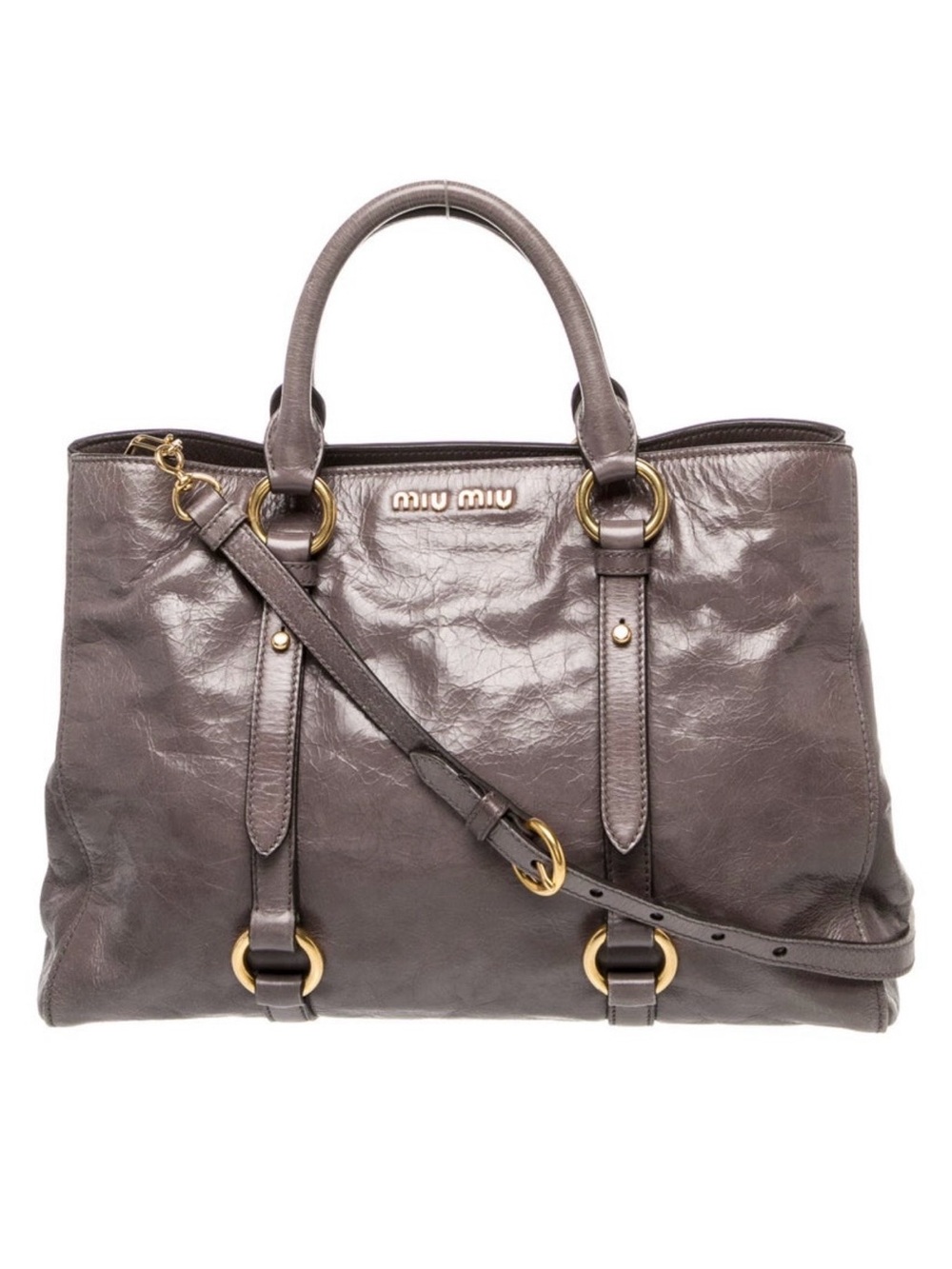 Miu Miu Gray Vitello Leather Satchel with Gold-Tone Hardware